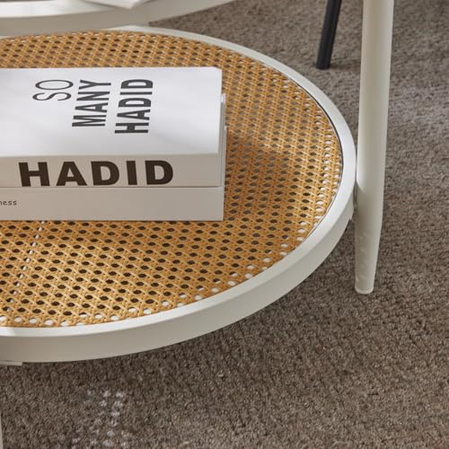 Image of VINGLI 25.6 inch Coffee Table for Living Room, Round Water-Wave Glass Metal Center Table, Modern Rattan Coffee Table with 2-Tier Storage, Farmhouse Circular End Table for Small Space, White