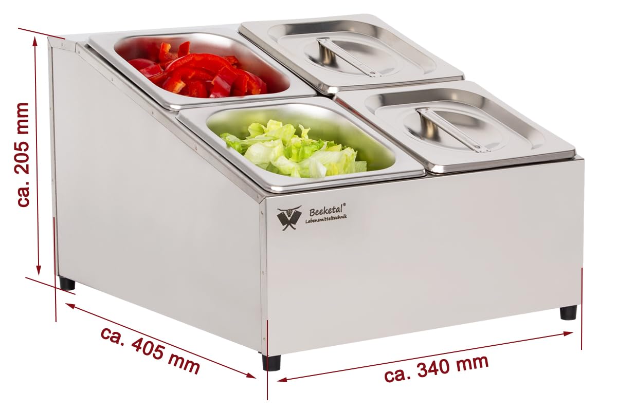 Beeketal 'BGN4-Duo' Edelstahl GN Aufsatzboard für 4 Gastronorm Behälter (zweireihig), Gastro Zutatenbehälter inkl. 4 Stück (GN) 1/6 Behälter mit Deckel, abgeschrägtes Gestell mit Anti-Rutsch Füßen