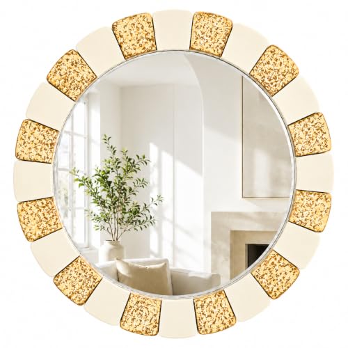 Image of Saliwa 27 Inch Round Bathroom Mirror, Wood Framed Wall Mirror, Rustic Farmhouse Round Mirror for Vanity, Entryway, Living Room, Bedroom and Hallway