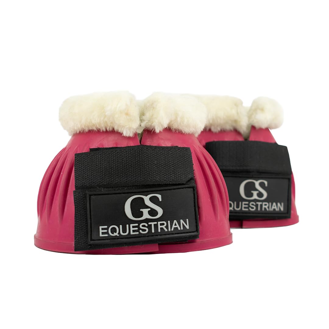 GS Equestrian Fleece Trim Bell Boots for Horses – Overreach Protection Boots – Durable Rubber with Faux Fleece – Pair (Pink, M)
