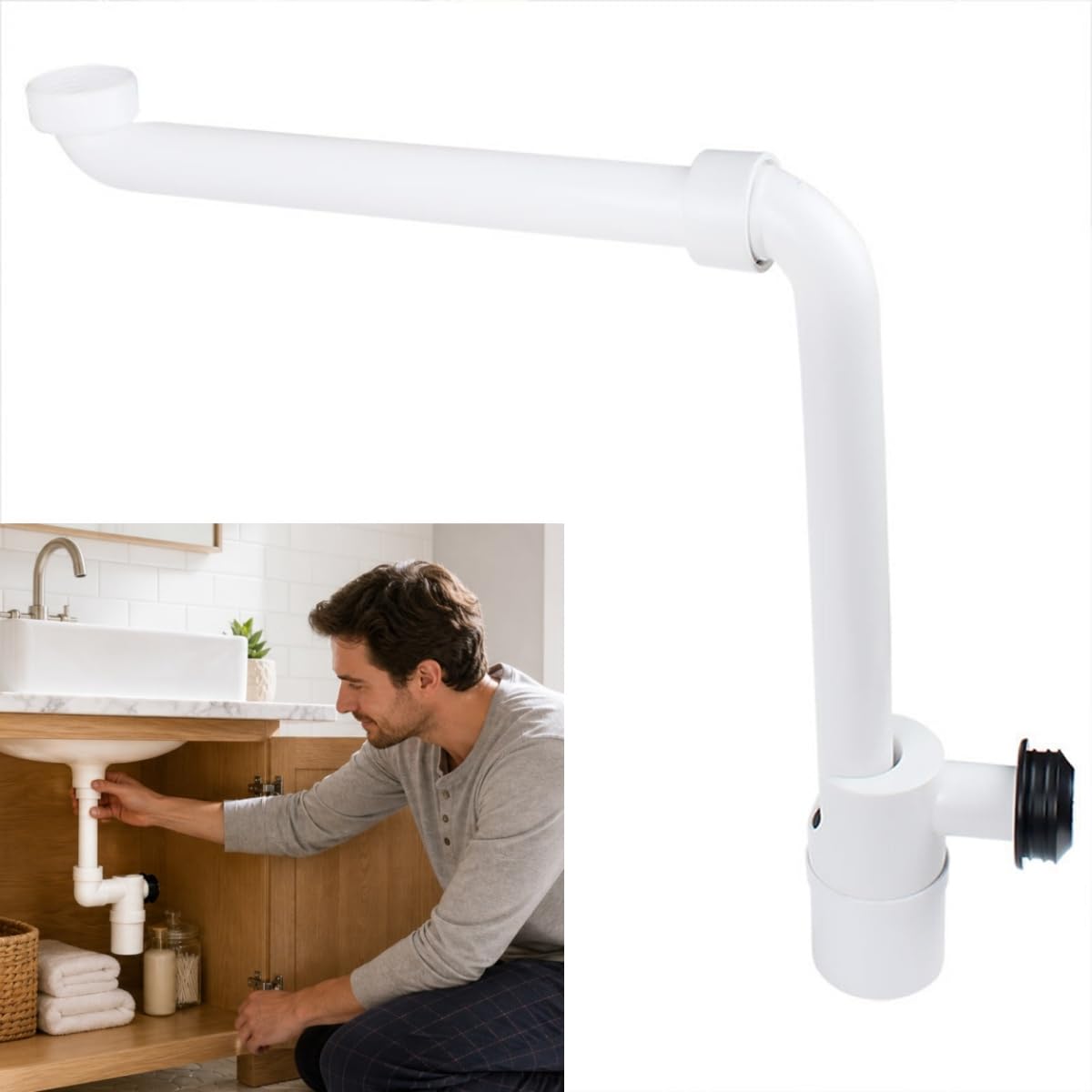 Sifón Ahorrador de Espacio para Lavabo y Cocina, Desagüe Flexible 1 1/4" Antiolores con Sello Hidráulico 60mm, Tubo Sifon Lavabo Baño Antiolor Autolimpiable, Kit de Fontanería con Filtro Pelo, Blanco