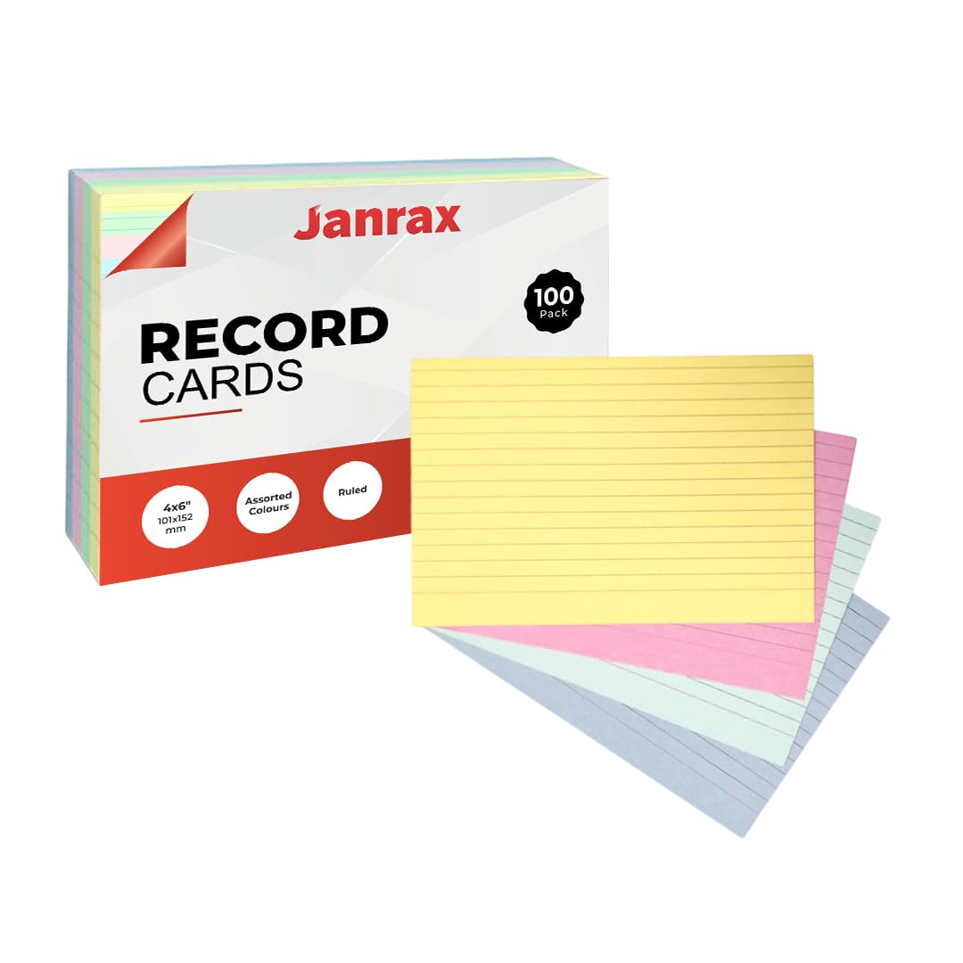 Pack of 100 Assorted Colour Ruled 6x4 Record Cards – Revision Lined Index Study Cards for Revision, Notes, Flashcards, School, Office & Classroom Supplies