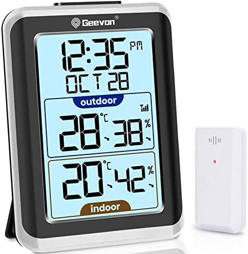 GEEVON Indoor Outdoor Thermometer Wireless Digital Hygrometer Temperature Gauge with Time，200ft/60m Range Temperature Humidity Sensor
