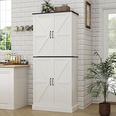 OtterOasis 71.7" Tall Kitchen Pantry Cabinet, 31.5" Lengthen Storage Cabinet with Drawer, 2 Barn Doors and 4 Shelves, Freestanding Cupboard for Kitchen and Dining Room, White Cover