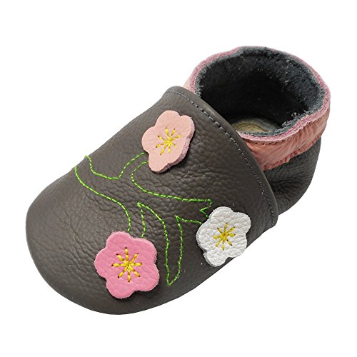 YALION Soft Leather Unisex Baby Shoes Suede Sole Toddler Infant Crib Shoes First Walking Pre-Walker (0-6 Months, Grey & Flowers)