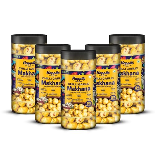 Image of Happilo Makhana Chilli Garlic Jar 80g, Roasted Foxnut Healthy Snack Low Calorie and Vegan (Pack of 5)