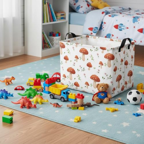 Image of Rectangular Baby Kids Storage Basket for Home Kitchen Girls Cute Toy Storage Bin Organizer Shelf Book Room Decor(Mushroom)