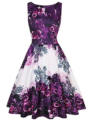 MISSJOY Women Purple Floral Vintage 195's Garden Retro Prom Party Cocktail Swing Tea Dress for Wedding Guest