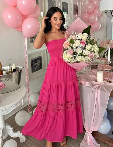 Image of ZESICA Women's 2026 Summer Boho Maxi Dresses Strapless Off Shoulder Lace Flowy A Line Beach Vacation Long Sundress