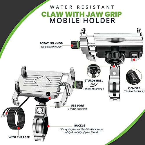 Image of GRAND PITSTOP Mobile Holder for Bikes, Motorcycle, Scooter, Bicycles, Claw Jaw Grip with Charger Bike Mobile Holder, Aluminium Cellphone Holder for Maps and GPS & 360 Rotation Phone Mount-Silver