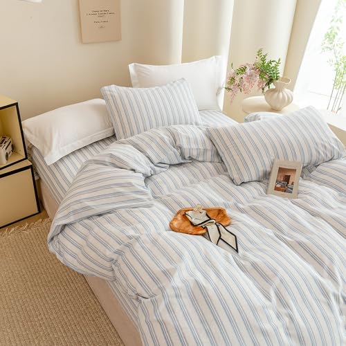 Image of ECOCOTT Striped Duvet Cover King Size -100% Washed Cotton Linen Like Textured Breathable Durable Soft Comfy Bedding Set with Zipper Closure & Corner Ties