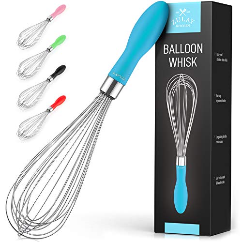 Zulay Kitchen Stainless Steel Balloon Whisk 12 Inch – Heavy Duty and Durable Wire Whisk with Non-Slip Silicone Handle for Blending, Whipping & Beating - Light Blue