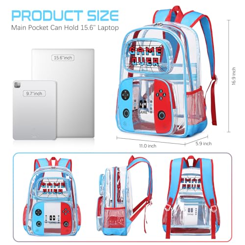 Clear Backpack for Boys, PVC Transparent Cool Luminous Gamer Backpack for Boys Girls Kids Children Teens Elementary Middle School, Clear Bookbag with Lunch Box & Pencil Case Set (Red Blue)4