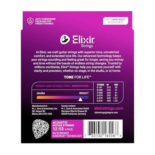 Image of Elixir Strings, Acoustic Guitar Strings, 80 /20 Bronze with NANOWEB Technology, Longest-Lasting Bright and Focused Tone with Comfortable Feel, 4 Pack, Light 12-53