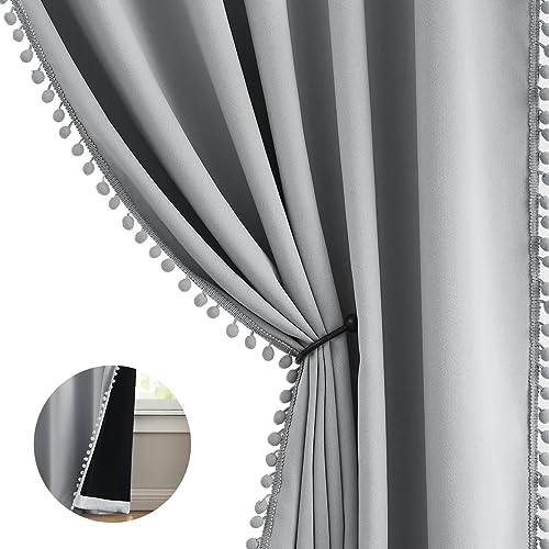 Pom Pom Grey Curtains for Bedroom 54x72 Inch Eyelet Blackout Noise Reducing Window Drapes Energy Efficient Thermal Insulated Living Room Darkening Curtain Panels Children Nursery Room 1 Pair - Image 2