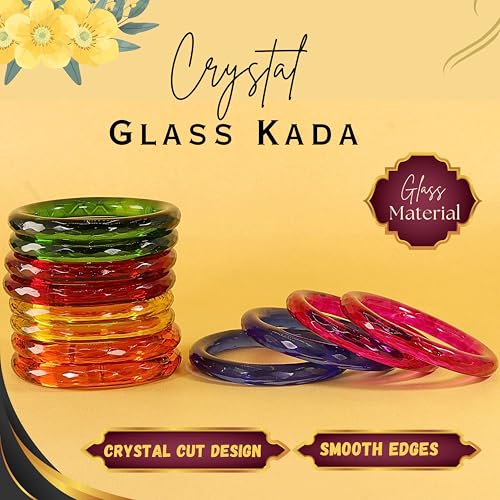Image of NMII Traditional Glass With Diamond Cutting Pattern Glossy Finished Stylish Kada Set For Women And Girls | Crystal Glass Kada Bangles Set For Wedding, Festive