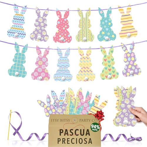 Decoraciones de Pascua reutilizables de alta calidad, pancarta de Pascua, banderines de conejo, decoraciones de caza de huevos, 12 conejitos grandes de papel de doble cara con cola de pompón y cinta