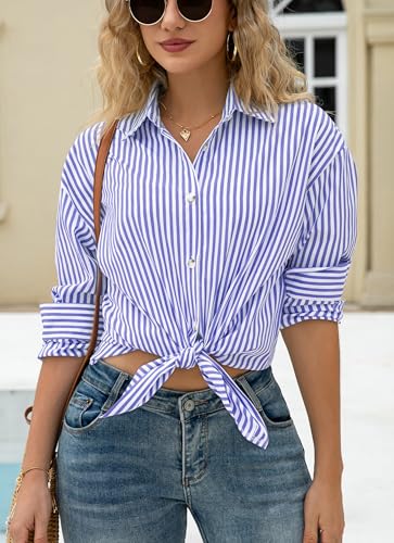 OMSJ Women's Striped Button Down Shirts Casual Long Sleeve Stylish Collared Classic Office Work Blouses Tops4