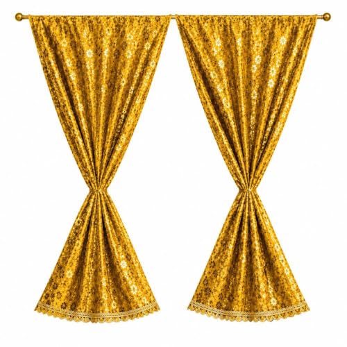 Image of Yellow Floral Printed Temple Curtain with Designer Lace, 2 Panel Set, 30 Inch Width, 2.5 Feet Length 36 inch Width