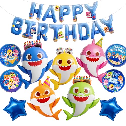 Image of PartyWoo Baby Shark Family Foil Balloons 13pcs Baby Shark Family Blue Round Star Mylar Happy Birthday Banner Letter Balloons for Boys and Girls Under the Sea Kids Birthday Party Decorations
