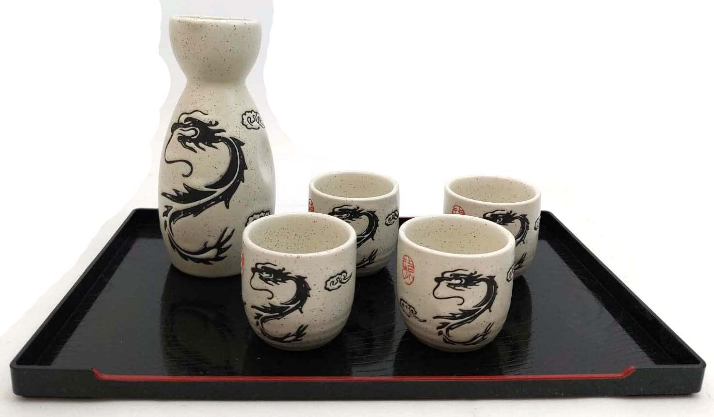 JapanBargain, Sake-Set aus Porzellan, Saki-Flasche und Sakebecher, mikrowellengeeignet, 142 ml (Weiß + Drachen)