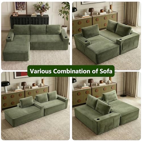 Image of 104.3 inch Modular Sectional Sofa,Modern Corduroy Cloud Couch with Cup Holder & Side Pockets,Boneless Couch Upholstered 3-Seater L-Shaped Sofa for Living Room,No Assembly (Green, Left-Facing Chaise) | with Cup Holder
