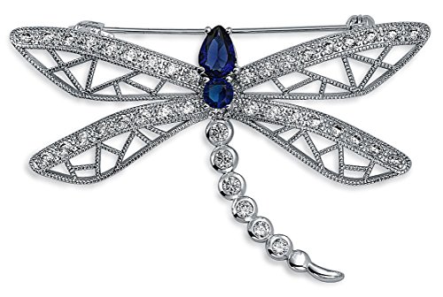 Image of Bling Jewelry Silver Plated Vintage Style Simulated Sapphire Blue Cubic Zirconia CZ Filigree Brooch Scarf Pin for Women Statement Butterfly Dragonfly Firefly Design
