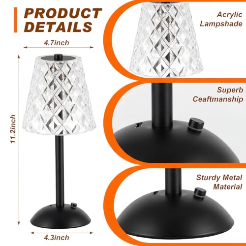 Image of Liliful 2 Pcs Cordless Table Lamp Rechargeable Touch LED Small Gold Portable Battery Operated USB-c Desk Lamp 3 Color Dimmable for Bedroom Living Room Dining (Black,Diamond Style)