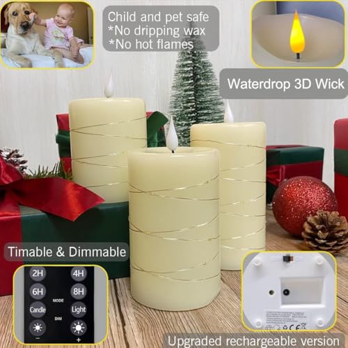 Image of LEDHOLYT Rechargeable Flameless Candles, Embedded Star String Flickering Real Wax Flameless Candles for Romantic Ambiance and Festival Home Decoration with Remote & Timer