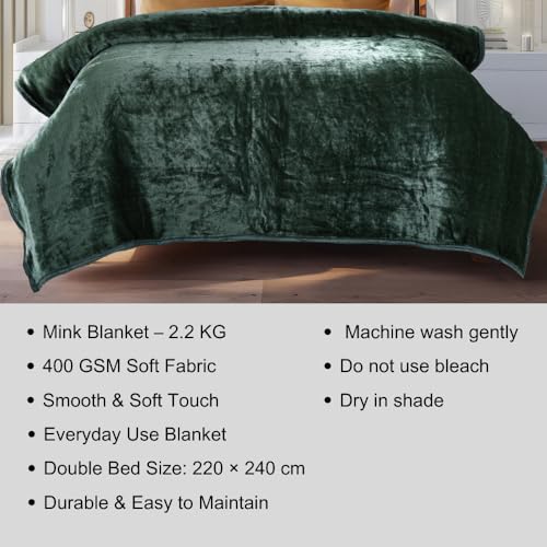 Image of ABRAZO 470 GSM Dual Season Mink Blanket 2.5 KG for AC Room & Mild Winter | Reversible Solid Color | Double Bed 220x240 cm Soft Blanket /Dohar /Quilt /Comforter - Emerald Green