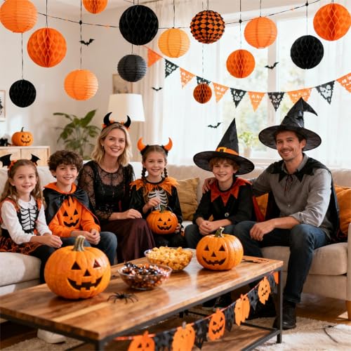 Image of ZOOYOO 12Pcs 6 inch 10 inch Honeycomb Balls Decorations Hanging Tissue Paper Pom Poms for Halloween Graduations Birthday Wedding Fall Party Thanksgiving Decorations(Orange Black)