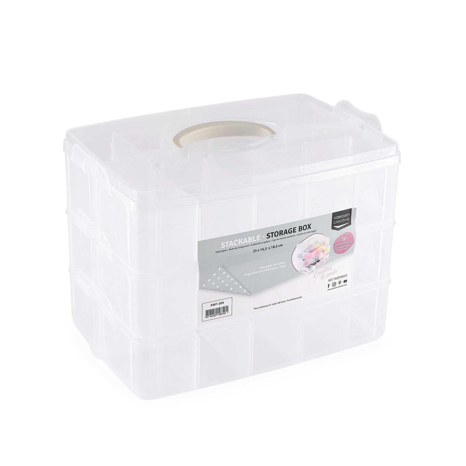 Vaessen Creative Plastic Storage Box with Lid 25x16,5x18,5cm - 3 Layers and 30 Adjustable Compartments of 5 x 8 x 5,5cm - Clear Organiser for Sewing, Diamond Art, Small Accessories and Craft Supplies