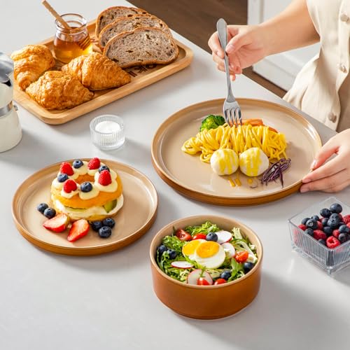 Image of vancasso ONION Ceramic Plates and Bowls Sets, 18 Pieces Brown Dinnerware Sets for Kitchen, Reactive Glaze Dishes Set for 6, Dishwasher and Microwave Safe