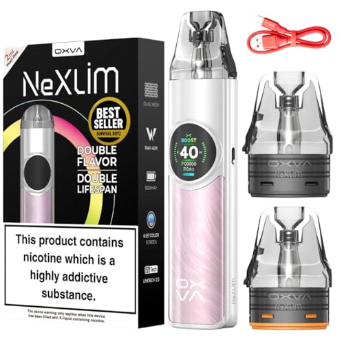 Oxva NeXLIM Vape Kit [Pearl Pink] - Available in 12 colours - 1500mAh Battery 2A Fast Charging (45 Min) 40W 0.85 Color Screen Dual Mesh Anti Leak - Works with Nexlim Pods - No Nicotine