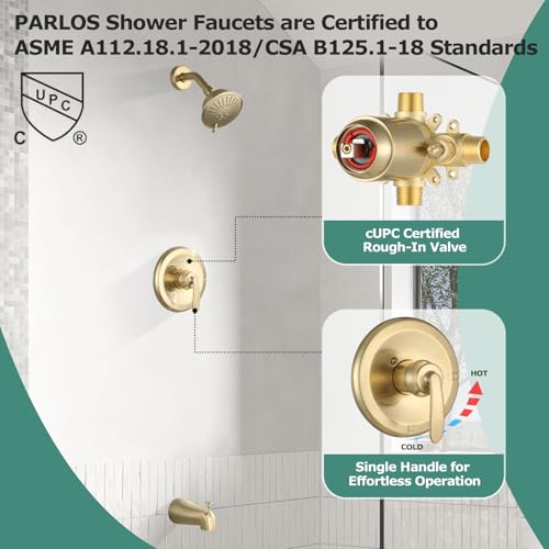 Juego de grifería para ducha PARLOS, grifo de ducha con salida para bañera en acabado dorado cepillado | Ducha de 5 modos y salida para bañera con desviador, juego de grifería para bañera de montaje en pared con válvula incluida miniatura 4