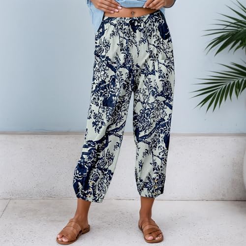 Women's Ankle Pants Elastic Waist Drawstring Cotton Linen Pants Casual Baggy Cropped Trousers with Front Pockets2