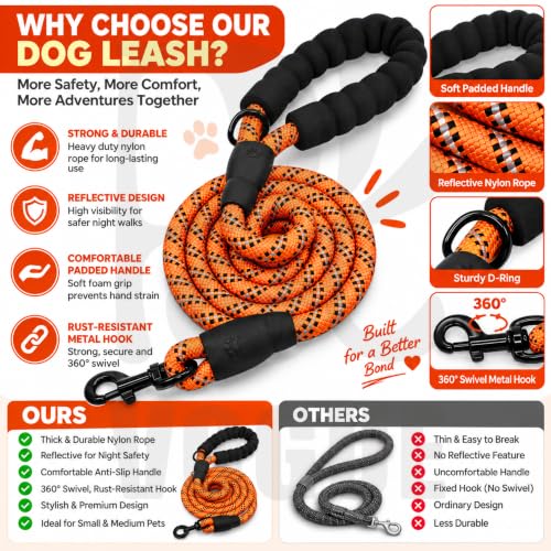 Image of PetVogue FT Nylon Rope Dog Leash, Heavy Duty Training & Walking Lead for Small, Medium & Large Dogs, Reflective Pet Walking Cord with Comfortable Padded Handle & Strong Metal Clip (Orange)