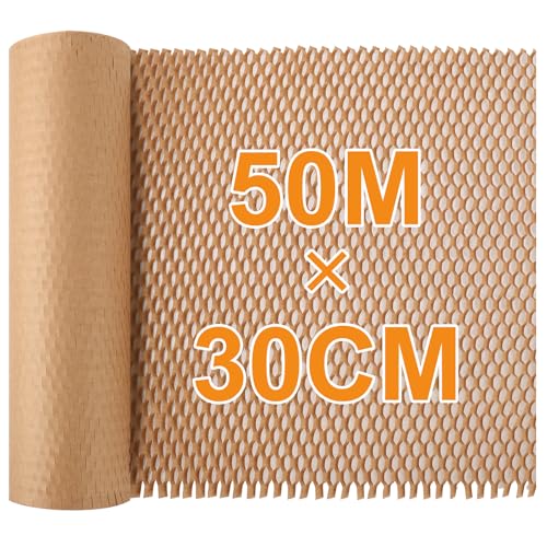 Honeycomb Packaging Paper Roll 50M x 30cm with Fragile Warning Sticker Alternative to Bubble Wrap Reusable Wrapping Paper for Shipping Moving Breakables and Gift