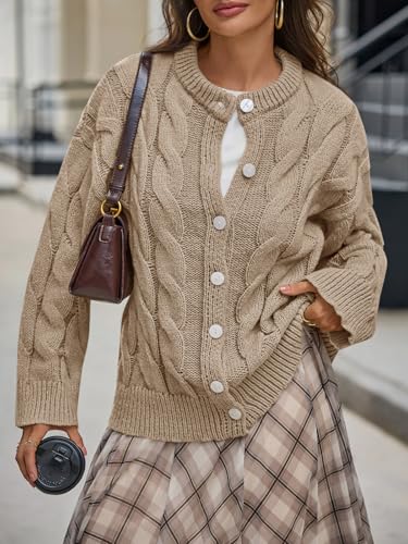 Saodimallsu Womens Cable Knit Cardigan Sweaters Long Sleeve Button Down Crewneck Casual Loose Fall Sweater Coats3