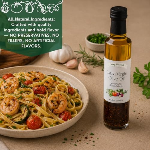 Image of Lesley Elizabeth Extra Virgin Olive Oil with Double Roasted Garlic, 8.5 fl oz - Small-Batch Garlic-Infused EVOO for Dipping, Drizzling, Marinades & Everyday Cooking - All-Natural, Plant-Based Ingredients