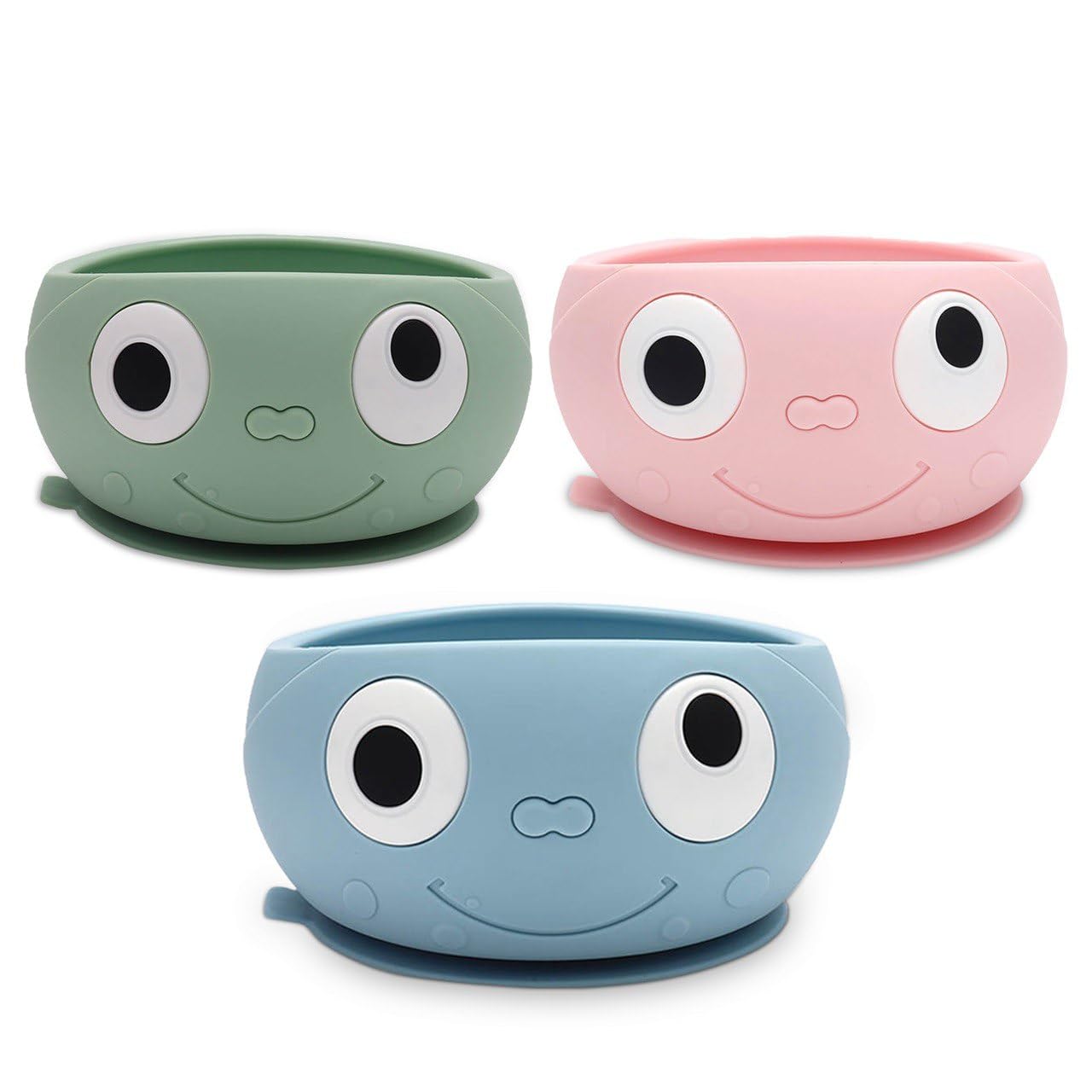 Ensemble de 3 Bols Ventouse Pour Bébé en Silicone Alimentaire, Rose, Vert Et Bleu Avec Smiley, Pour Une diversification alimentaire bébé Sans BPA, Micro-Ondable Et Lave-Vaisselle