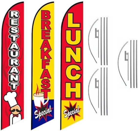 Breakfast Lunch and Breakfast Special Restaurant Advertising Feather Flag Kits Package, Includes 3 Banner Flags, 3 Flag Poles, and 3 Ground Stakes