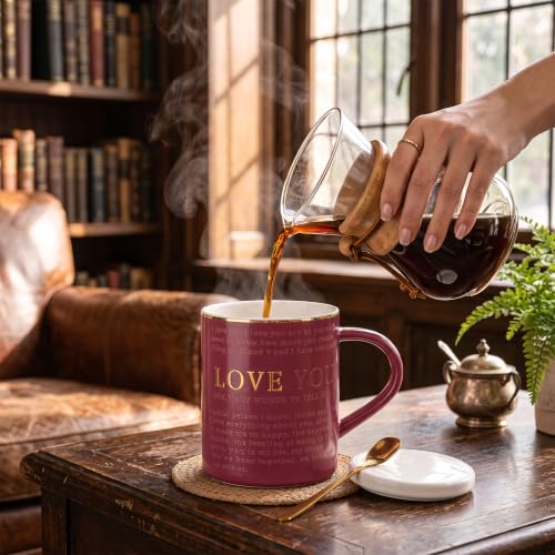 Image of BonZeal Love You Ceramic Coffee Mug with Lid & Gold Spoon, 350 ml, Romantic Gift Mug for Wife, Husband, Girlfriend, Boyfriend, Anniversary, Birthday, Valentine's Day, Tea & Coffee Cup