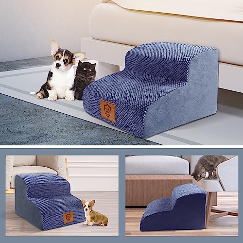 Thihome Hundetreppe 2 Stufen, rutschfest Hundetreppe für kleine Hunde, wasserdichte Katzentreppe mit Bett & Sofa, Haustiertreppe mit Seitliches Aufbewahrungsnetz, Blau