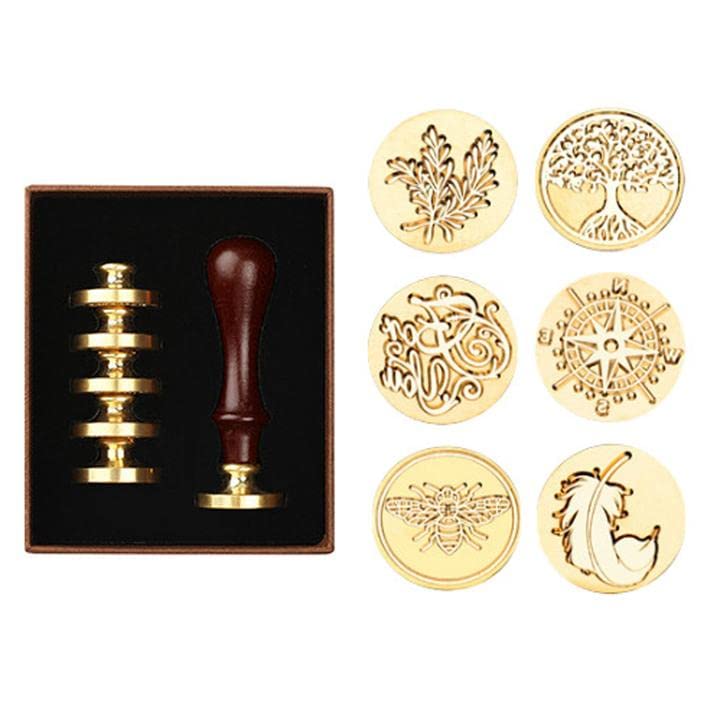 Kit de sellado de cera, juego de sellos de latón, 6 sellos de cera y 1 mango de madera, kit de sellos de cera de sellado clásico (vida del árbol,