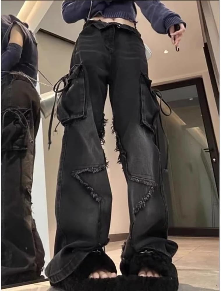 Baggy Denim Cargo Pants for Women Teen Girls Elastic High Waist Wide Leg Cute Star Y2K Strech Cargo Jeans Streetwear - Image 3