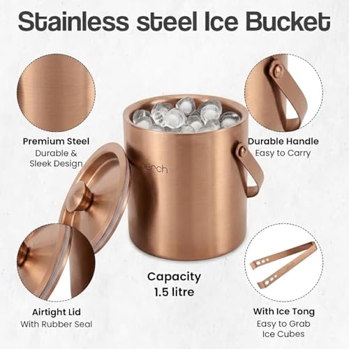 Image of O' Holic by Perch Stainless Steel Double Wall Ice Bucket & Tong - 1500ml | Insulated with Lid & Handle| Bartender Kit |Premium Barware Accessories for Home Bar, Parties, Cocktails & Gifting |Rose Gold