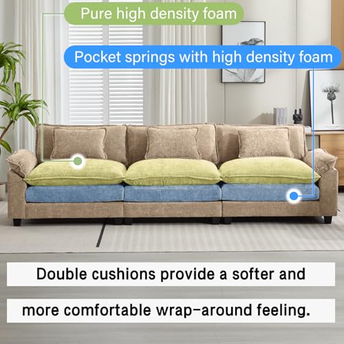Image of Oprisen 120 inch Modular Sectional Sofa, Comfy Cloud Couch Sectional, Chenille Sofa Sleeper Deep Seat Sofa with Throw Pillows for Living Room (Khaki, 120 inch- 3 Seater)