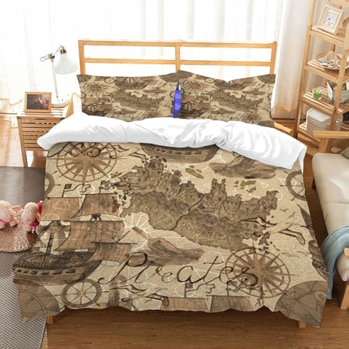 NIOYNJIS Ropa de Cama. Cubierta de Gran Comodidad,Hecha de algodón 100% Suave y Delicado,Muy amigable con la Piel,Fondo Transparente con Barcos Antiguos y Elementos de Mapa Pirata en Tono s,178x208cm