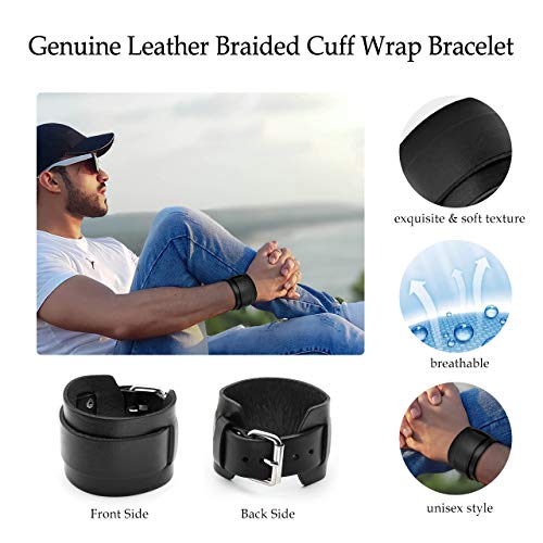 Jovivi Cutom Leather Bracelet - Personalized Punk Men Women Black Brown Wide Genuine Leather Wrap Cuff Bangle Bracelet Belts Wistband, Adjustable 7.2"-9"3